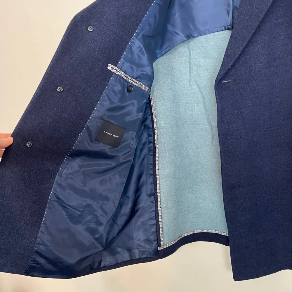 Tommy Hilfiger Overcoat Navy Blue Felt Mens Size 44‎ Short Coat Jacket 44S